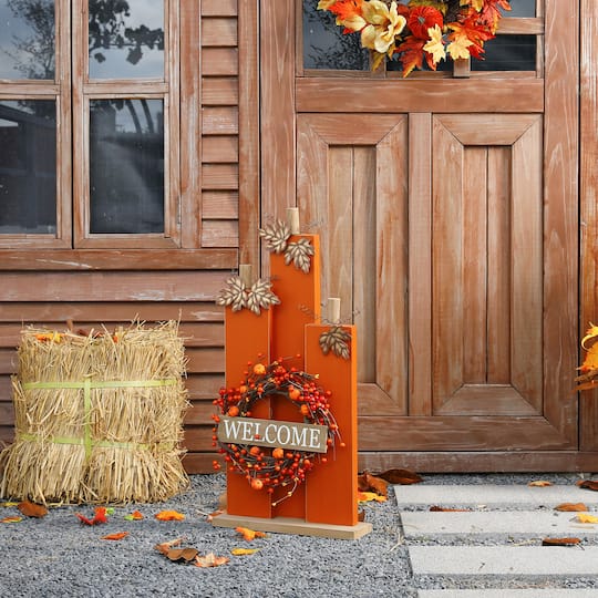 Glitzhome® 30" Fall Lighted Pumpkin & Wreath Décor with Timer